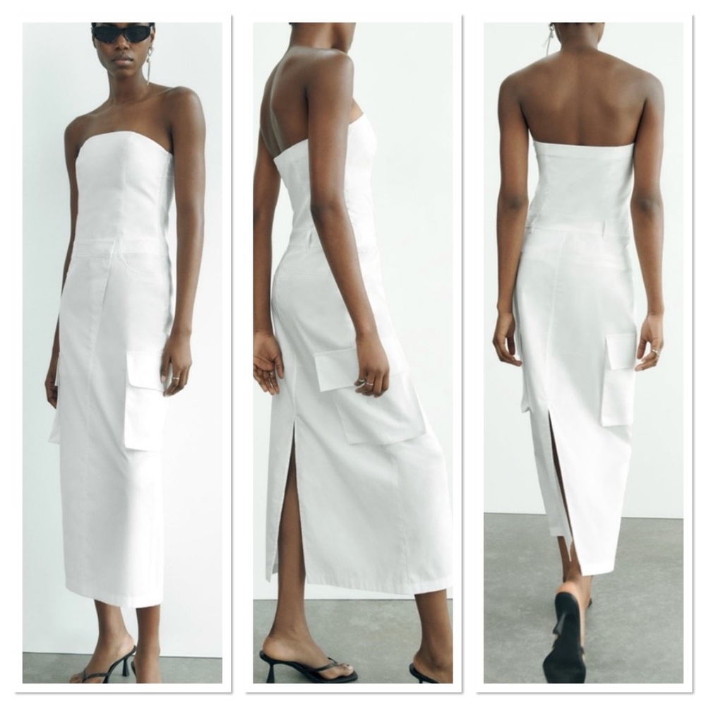 Zara White Strapless Cotton Combat Style Pockets Summer Midi Dress Sz M